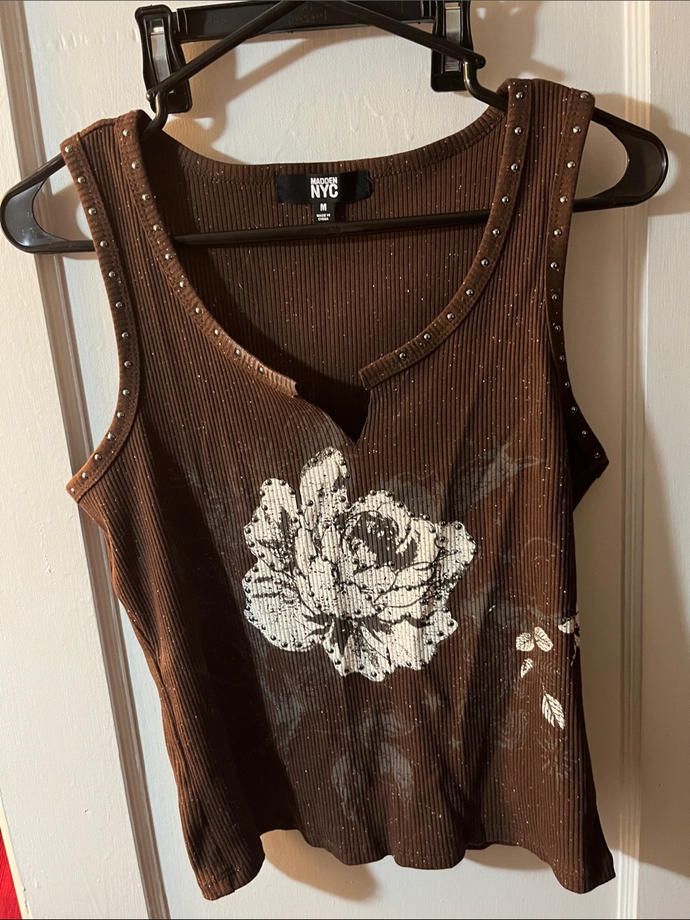 Madden Girl Brown Ribbed Tank with White Floral Print & Stud Trim